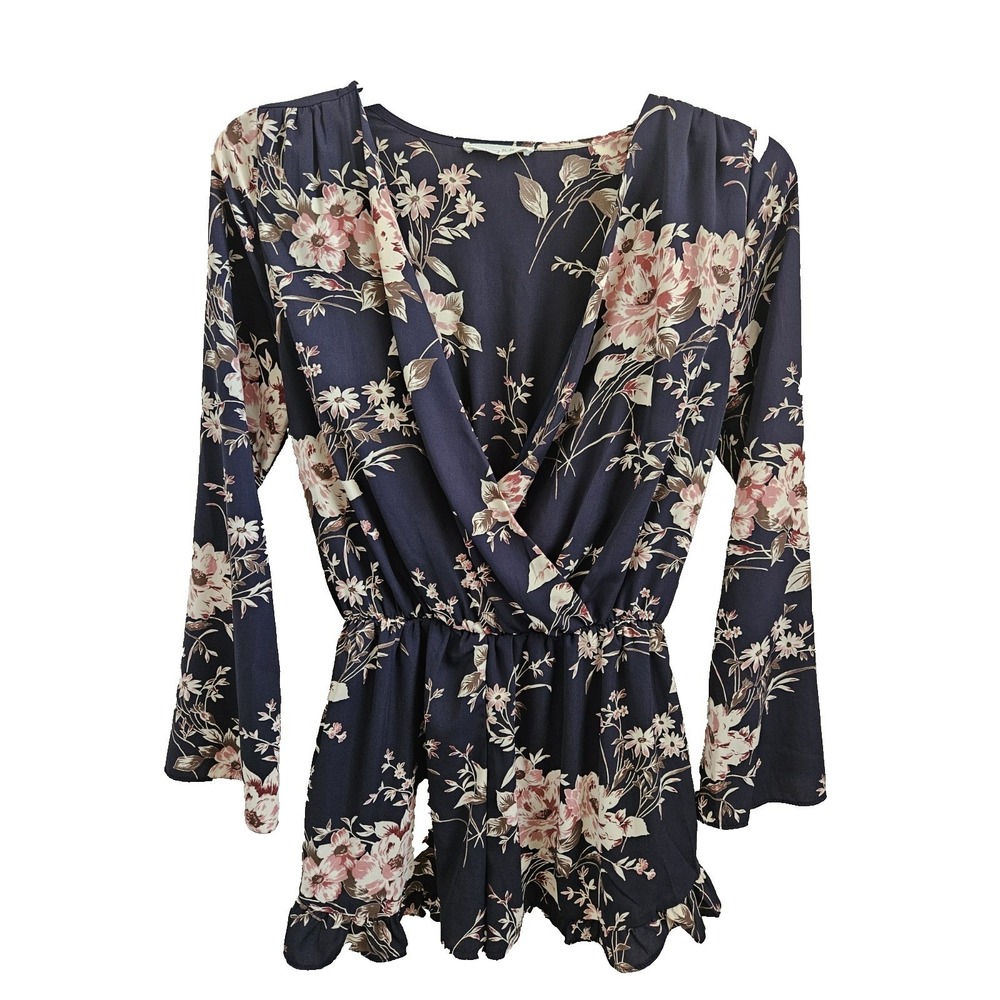Garden Floral Navy Romper M Boho Dark Fairy Long Bell Sleeve‎ Ruffle Feminine